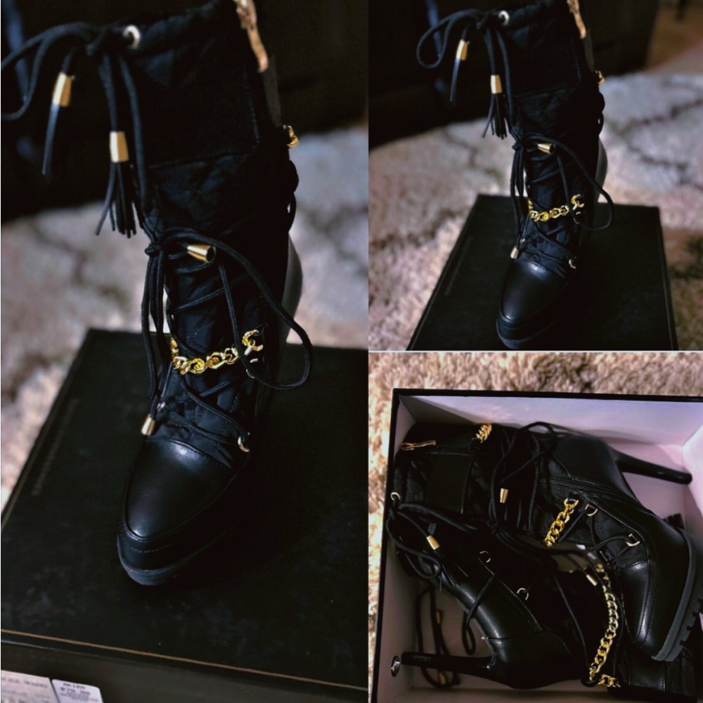 Black High Heel Boots with Gold Chain